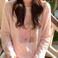 批发雪花棉粉色长袖t恤女夏季新款宽松薄款防晒罩衫上衣体恤