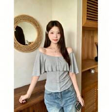 批发荷叶边U领短袖T恤女夏季纯欲收腰显瘦设计感短上衣