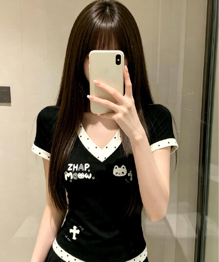220 그램 40 빗질하다 92 면 8 암모니아 Lun 이후 패키지 칼라 몸매 가꾸기 V넥 도트 무늬 패치워크 반팔 티셔츠