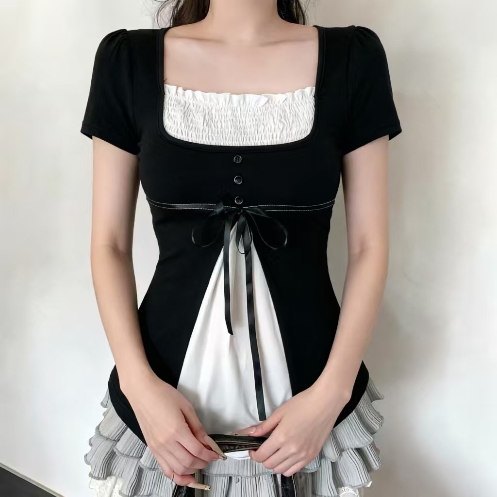 프랑스식 소녀 페이크 레이어드 배색 패치워크 반팔 티셔츠 작은 대중 다용도 슬림해 보이는 진자 짧은 맨위