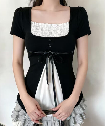 프랑스식 소녀 페이크 레이어드 배색 패치워크 반팔 티셔츠 작은 대중 다용도 슬림해 보이는 진자 짧은 맨위