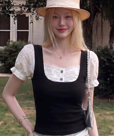프랑스식 달콤한 차가운 페이크 레이어드 레이스 광장 칼라 반팔 티셔츠 여름 새로운 순수한 욕망 달콤한 핫걸 몸매 가꾸기 품격 맨위