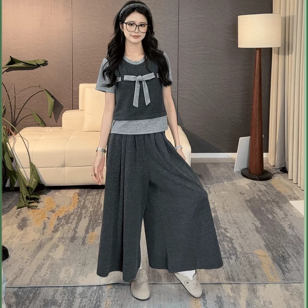 원본 솜씨 원본 원단 남자 바 면 학원 스타일 패치워크 나비 매듭 반팔 와이드 레그 팬츠 투피스 세트
