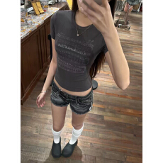 批发美式复古正肩印花短袖T恤女2026夏季<b class='q'>街头</b>百搭修身辣妹上衣