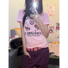批发美式复古正肩印花短袖T恤女2026夏季<b class='q'>街头</b>百搭修身辣妹上衣