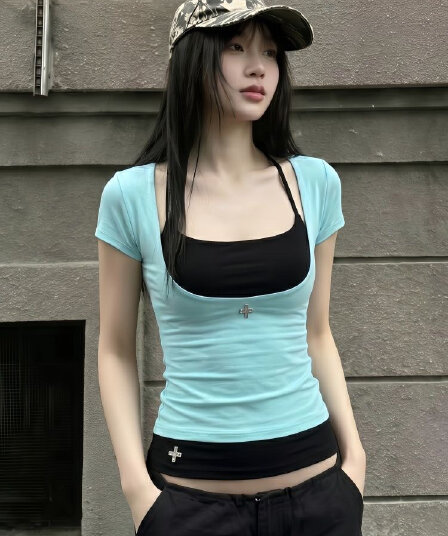 260 그램 사람들 면 모달 y2k 배색 페이크 레이어드 긍정적 인 어깨 반팔 티셔츠 여성 몸매 가꾸기 외출용 맨위