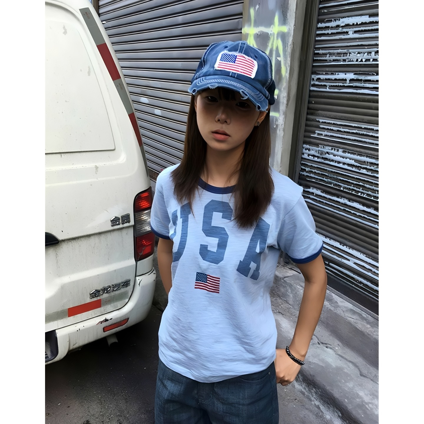 아메리칸 레트로 알파벳 프린트 패치워크 반팔 티셔츠 여름