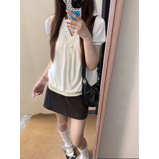 批发260克1*1随心裁+短袖T恤+宽松常规+V领拼接波点