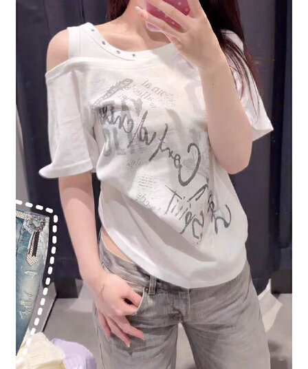 220g 순면 이후 패키지 칼라 프린트 알파벳 배색 패치워크 반팔 티셔츠