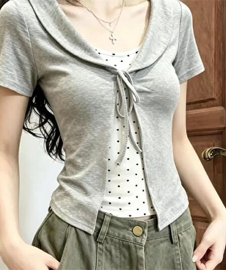 40 차가운 실크 코튼 페이크 레이어드 원본 솜씨 하트 프린트 베이비 칼라 도트 무늬 레이스업 반팔 티셔츠