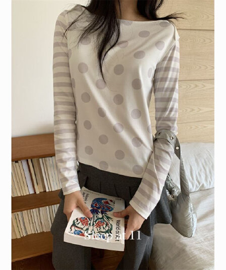 한국 스타일 작은 대중 chic 빛 아시아 인 ~보다 바람 도트 무늬 스트라이프 프린트 디자인 몸매 가꾸기 기본 셔츠 여성 가을 새로운 인사이드 가져 가라.