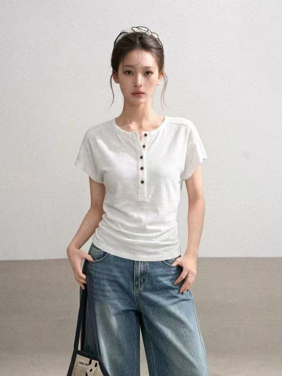 화이트 헨리 칼라 반팔 티셔츠 여성 여름 얇은 스타일 루즈핏 배트윙 소매 맨위