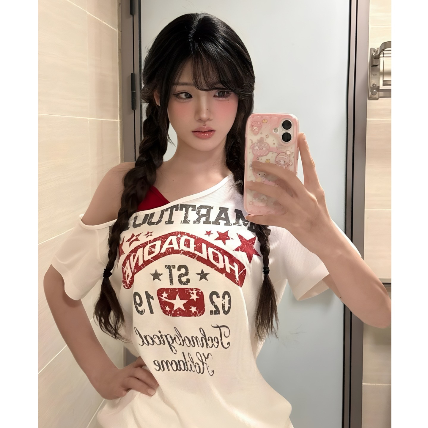광저우 원단 후아 남편 그리드 디지털 직분사 한 부서 가짜 두 조각 비스듬한 어깨 반팔 티셔츠 패치워크 색상 맨위