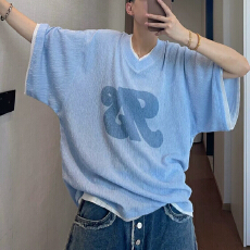 批发美式镂空字母短袖V领慵懒风时尚休闲<b class='q'>体恤</b>衫<b class='q'>男</b>夏季薄款上衣潮
