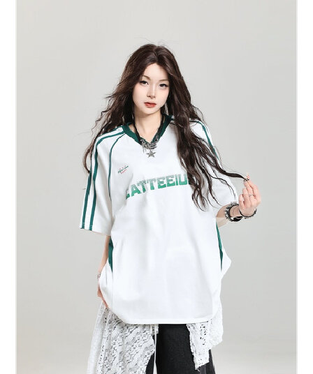 아메리칸 운동 스트라이프 반팔 티셔츠 남녀 여름 루즈핏 커플 삽입 어깨 소매 V넥 반소매 티셔츠