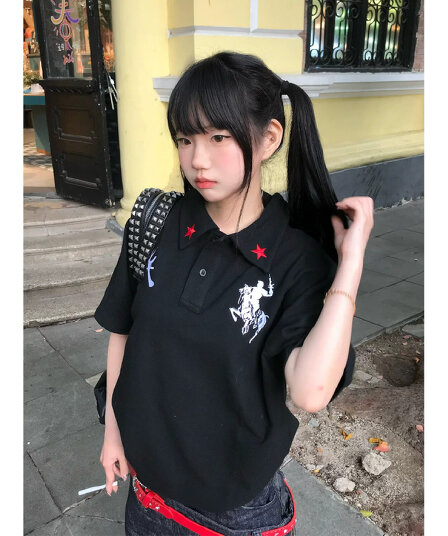 아메리칸 자수 POLO 칼라 학원 스타일 긍정적 인 어깨 반팔 티셔츠 남녀 여름 루즈핏 에디션 느긋한 커플룩 맨위