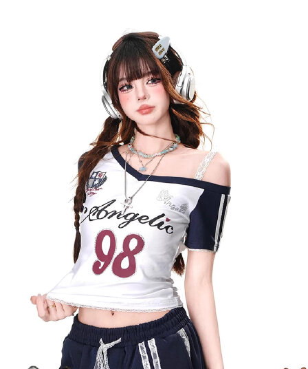 1 1 인 면 260 그램 반팔 티셔츠 여성 여름 몸매 가꾸기 슬림해 보이는 비스듬한 어깨 레이스 쇼트 스타일 맨위