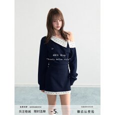 批发原版做法+安全裤白色波点斜肩露肩套装长袖T恤女上衣<b class='q'>半身裙</b>两件套