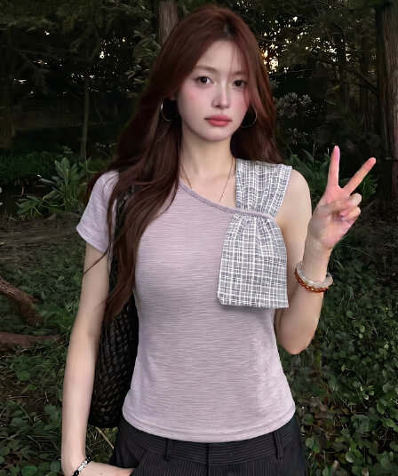 원본 광저우 원단 양면 주름 주름 면 한 부서 나비 매듭 반팔 티셔츠