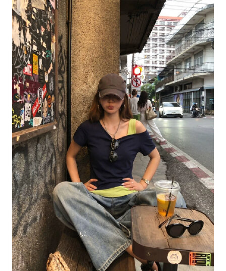 210 그램 40 좋은 면 몸매 가꾸기 허리 수축 이중층 패치워크 비스듬한 어깨 페이크 레이어드