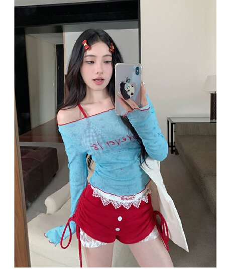 오프숄더 얇은 스타일 자수 긴팔 몸매 가꾸기 티셔츠 여성 여름 핫걸 작은 대중 파란색 쇼트 스타일 자외선 차단 블라우스