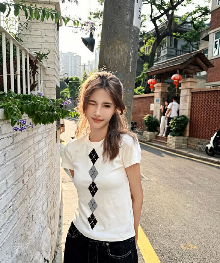 아메리칸 레트로 긍정적 인 어깨 라운드 넥 프린트 반팔 티셔츠