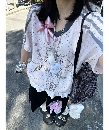 원본 솜씨 리브 네클라인 이후 테두리 프린트 저지 V넥 반팔 t
