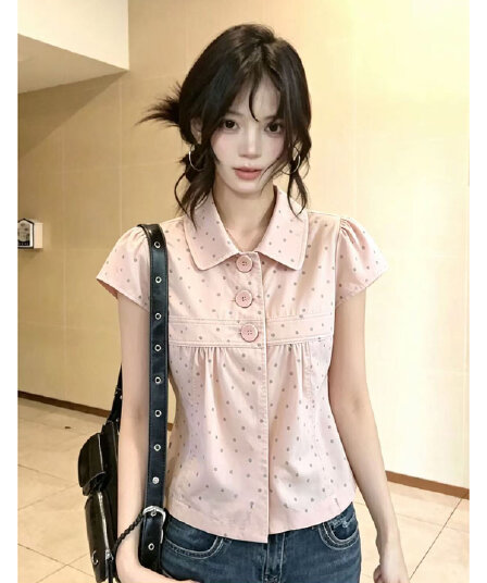 일본식 디자인 센스 도트 무늬 베이비 칼라 반팔 여성 셔츠 여름 핑크색 허리 수축 거품 소매 연령 감소 셔츠