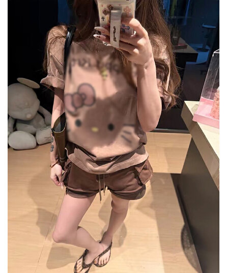 대나무 마디 면 만화 슈퍼 귀여운 고양이 프린트 레트로 카드 티셔츠 여성 느긋한 바람 루즈핏 반팔 티셔츠