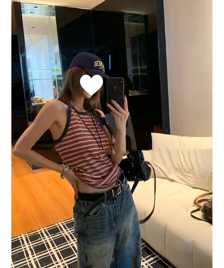 원본 광저우 원단 한 부서 레트로 스트라이프 행침 목 발굴하다 어깨 조끼 여성 2026 여름 새로운 배색