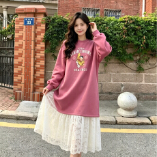 批发韩系慵懒风卡通字母衣<b class='q'>连衣裙</b>拼接白色蕾丝长裙宽松显瘦温柔裙