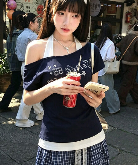 210 그램 40 좋은 면 1 1 아메리칸 핫걸 페이크 레이어드 비스듬한 어깨 반팔 티셔츠 여성 여름 오프숄더 맨위