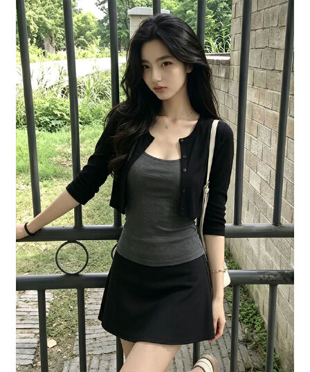 사람들 면 모달 1 1 와 사고 방식 260 그램 한 부서 검정색 오픈 가디건 중간 소매 슬립 투피스 세트