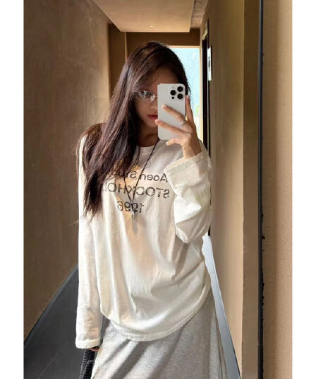 한 부서 순면 라운드 넥 프린트 루즈핏 긴팔 티셔츠