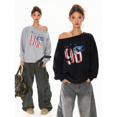 批发美式辣妹斜肩上衣女春季2026年<b class='q'>新款</b>街舞衣服宽松露肩卫衣
