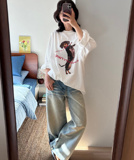 높은 품질 순면 200그램 21 빗질하다 정밀 프린트 가을 루즈핏 긴팔 티셔츠 여성