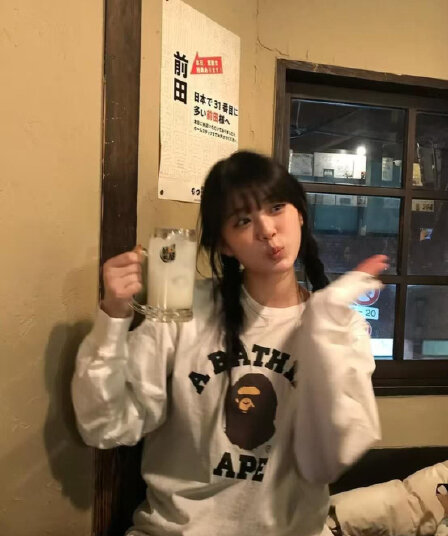 원본 것 순면 200그램 21 음식 털 느낌 프린트 루즈핏 만나는 손 소매 뭉치 구두 긴팔 티셔츠