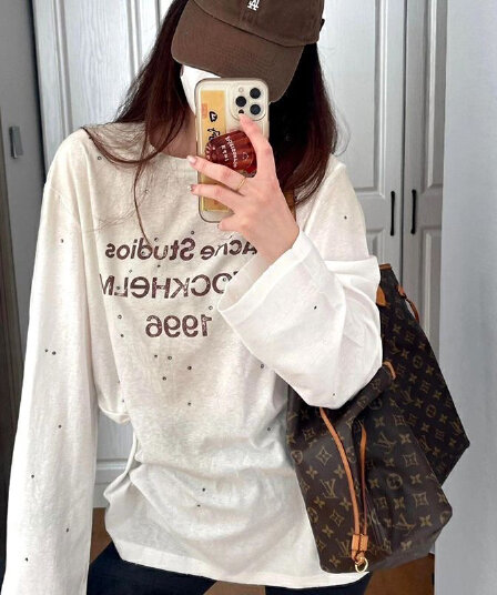 원본 원단 눈꽃 면 65 면 긴팔 티셔츠 여성 핫픽스 알파벳 프린트 루즈핏 자외선 차단 맨위