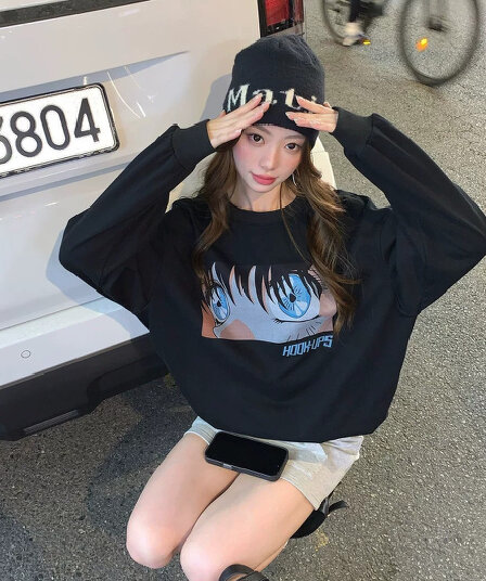 후아 면 복합 프린트 라운드 넥 후드티 여성 얇은 스타일 털이 있는
