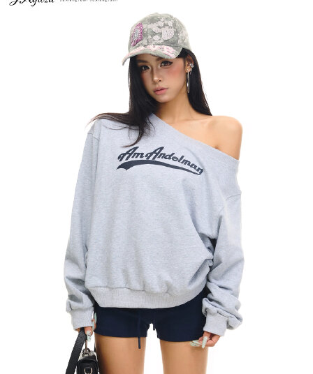 아메리칸 레트로 비스듬한 어깨 후드티 여성 루즈핏 느긋한 핫걸 작은 대중 캐주얼 오프숄더 맨위