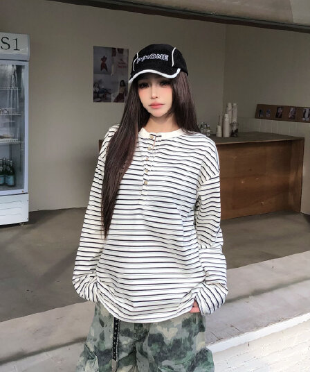 원본 원단 240 그램 조수 브랜드 더블 실 고급 빗질된 면 스트라이프 라운드 넥 긴팔 티셔츠 여성