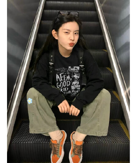 원본 것 순면 200그램 21 음식 털 느낌 프린트 루즈핏 만나는 손 소매 뭉치 구두 긴 소매 티셔츠