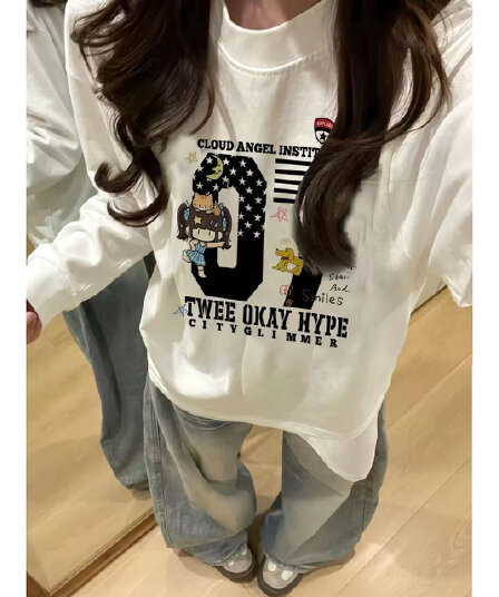 원본 것 순면 200그램 21 음식 털 느낌 프린트 루즈핏 만나는 손 소매 뭉치 구두 긴팔