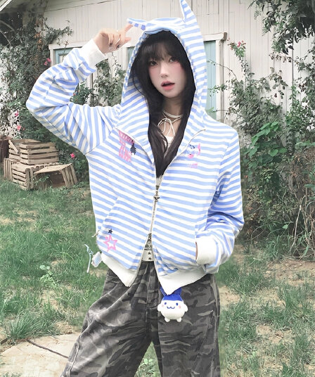순수한 Mianhua 면 2026 털이 있고 두꺼운 아메리칸 높음 거리 후드 티 스웨터 오픈 가디건 여성 스트라이프 재킷