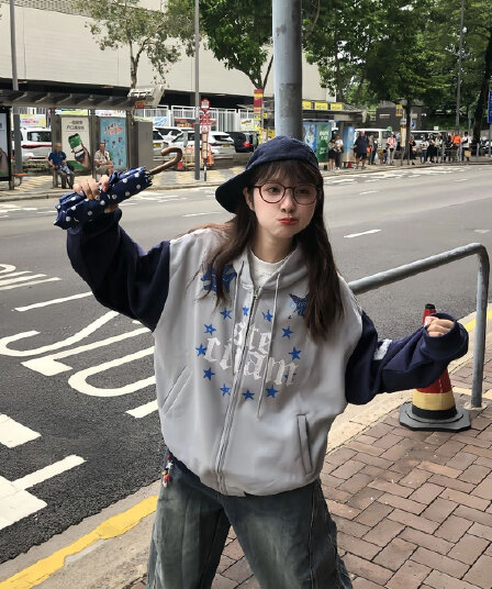 아메리칸 레트로 패치워크 배색 별 프린트 후드 오픈 가디건 후드티 남녀 루즈핏 캐주얼 다용도 재킷