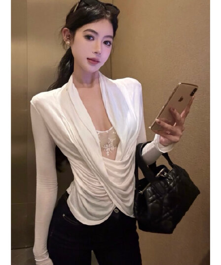 원본 원단 디자인 센스 십자가 흔들다 칼라 긴팔 티셔츠 품격 고급 센스 레이스 조각 다용도 맨위