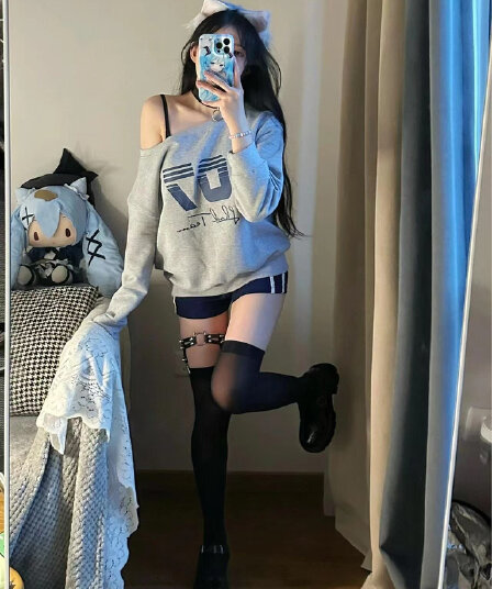가을 겨울철 아메리칸 레트로 핫걸 비스듬한 어깨 프린트 루즈핏 프린트 후드티