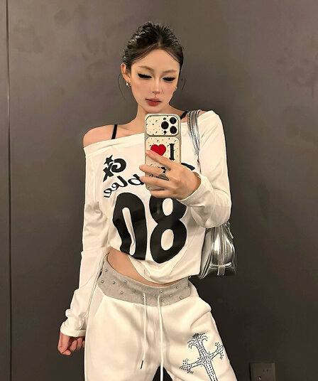 220 그램 92 면 8 암모니아 Lun 오프숄더 티셔츠 여성 긴 소매 기본 셔츠
