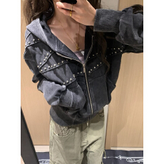 批发美式街头铆钉短款连帽卫衣女新款秋季水洗做旧拉链<b class='q'>外套</b>男