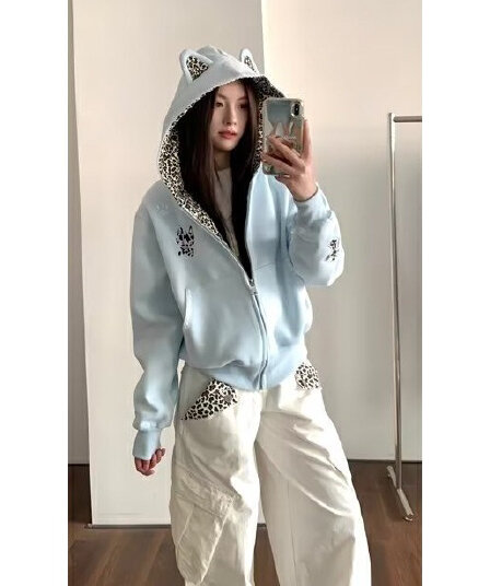 아메리칸 레트로 작은 악마 레오파드 무늬 후드 티 스웨터 남녀 봄 가을 새로운 루즈핏 캐주얼 카디건 코트 트렌디